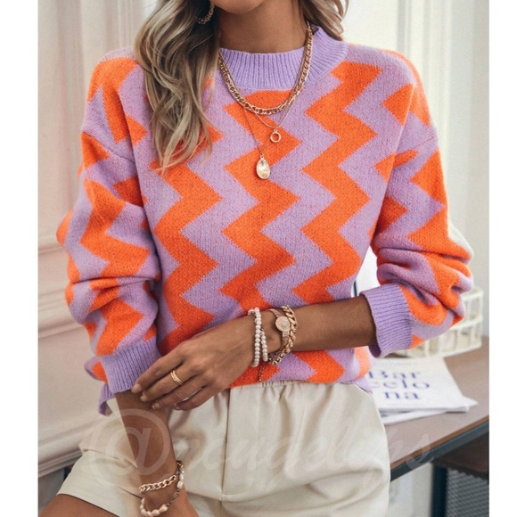 Chevron Pattern Lavender & Orange Pullover Sweater Long Sleeve - Picture 1 of 12